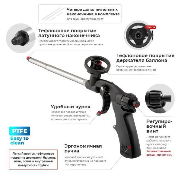 Пістолет для піни ручний, механічний, з тефлоновим покриттям трубки та тримача балону, зі змінними насадками INTERTOOL PT-0605 PT-0605 фото