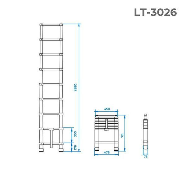 Лестница алюминиевая телескопическая 8 ступ., 2,5 м INTERTOOL LT-3026 LT-3026 фото