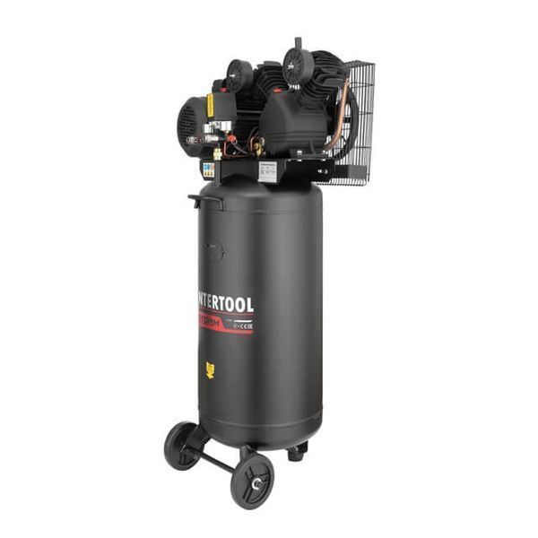 Компрессор 100 л, вертикальный, 3 кВт, 220 В, 10 атм, 500 л/мин. 2 цилиндра INTERTOOL PT-0017 PT-0017 фото