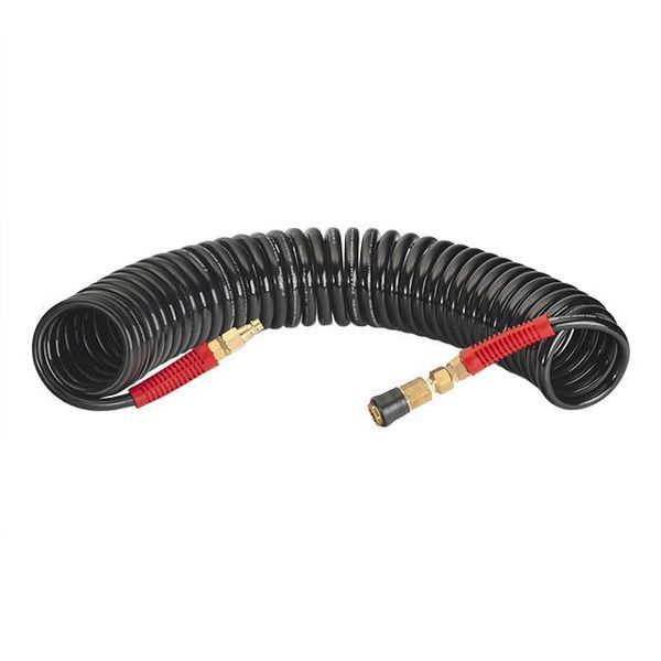 Шланг BLACK M-Flex 8х12мм, 10м спиральный полиуретановый с поворотным шарниром, латунными быстроразъемными соединениями STORM INTERTOOL PT-1796 PT-1796 фото