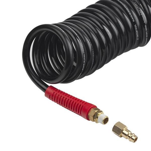 Шланг BLACK M-Flex 8х12мм, 10м спиральный полиуретановый с поворотным шарниром, латунными быстроразъемными соединениями STORM INTERTOOL PT-1796 PT-1796 фото