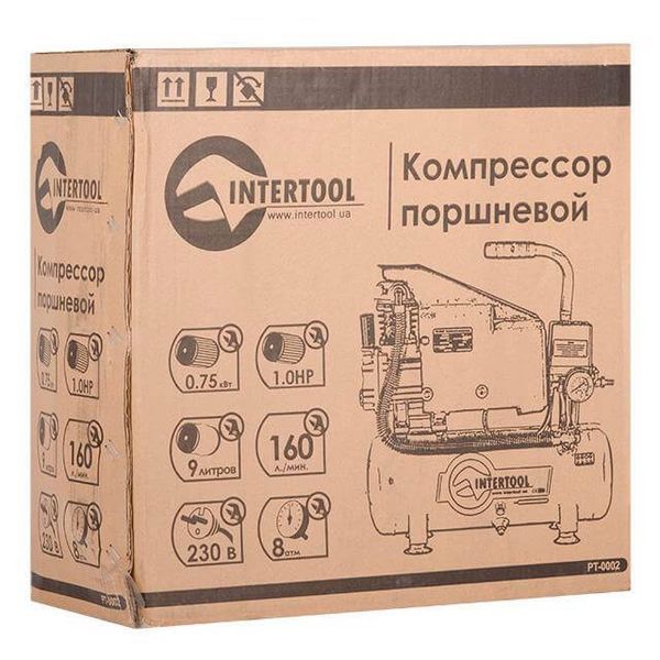 Компрессор 9 л, 0.75 кВт, 220 В, 8 атм, 160 л/мин INTERTOOL PT-0002 PT-0002 фото