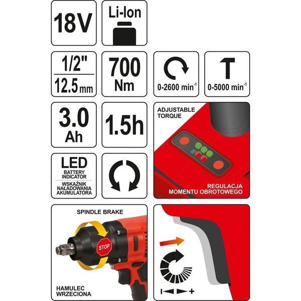 Гайковерт ударный аккумуляторный бесщеточный  Li-Ion 18 В 3 Ач 700 Нм 1/2" + кейс YATO YT-82806 YT-82806 фото