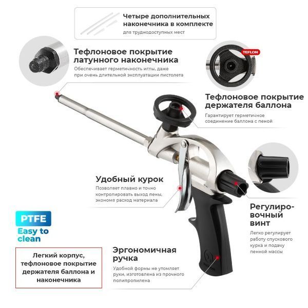 Пистолет для монтажной пены с тефлоновым покрытием держателя + 4 насадки INTERTOOL PT-0604 PT-0604 фото