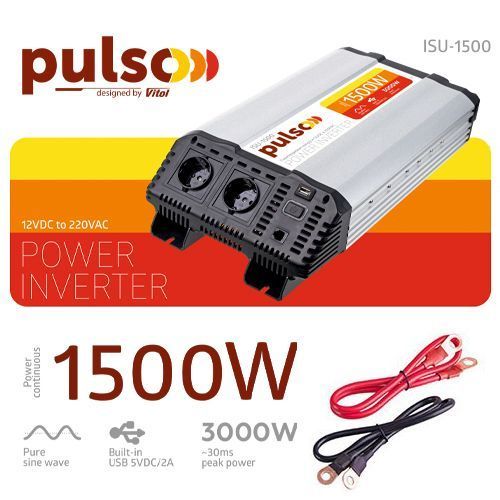 Перетворювач напруги PULSO/ISU-1500/12V-220V/1500W/LCD/USB-5VDC2.0A/син.хвиля/клеми ISU-1500 фото